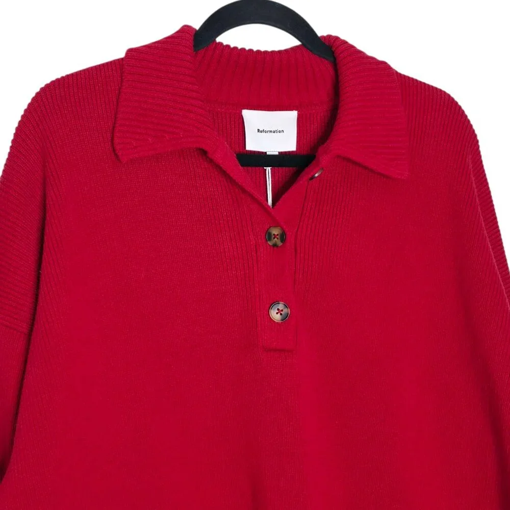 Reformation Brooklyn Sweater Sundried Tomato Red Cotton Polo Henley Size L NWT - Picture 5 of 11